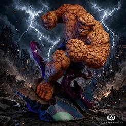 Estatua The Thing Premium Format de Sideshow basada en los cómics de Marvel. Representa a Ben Grimm en acción sobre los restos de una nave espacial Skrull mientras combate contra unos tentáculos alienígenas.