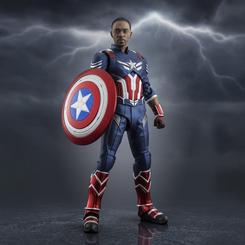 Figura S.H.Figuarts Captain America de Avengers: Doomsday, creada por Tamashii Nations con unos 16 cm de altura, accesorios y piezas intercambiables. El traje de Sam Wilson y su escudo aportan una presencia reconocible a cualquier colección Marvel.