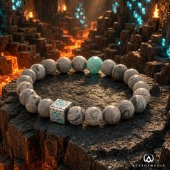 Pulsera oficial de Minecraft inspirada en el mineral de diamante, fabricada con jaspe natural Map, vidrio y acabado plateado. Mide unos 19 cm de circunferencia e incorpora elástico extensible.