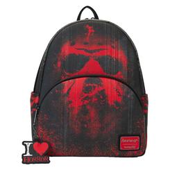 La silueta ominosa de Jason Voorhees se impone en la Mochila Brothers Viernes 13 Loungefly de 26 cm, un accesorio que fusiona estética terrorífica y utilidad diaria. Confeccionada en poliuretano de alta resistencia