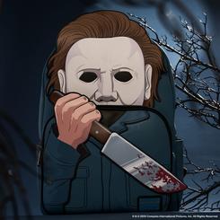Una silueta inquietante recorre tus hombros con la mochila Michael Myers Halloween de Loungefly, confeccionada en piel vegana de poliuretano con herrajes de bronce y un tamaño de 30,4 cm de alto