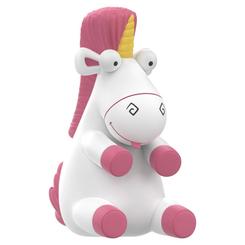 Un unicornio blanco de ojos desbordados y crin rosa ocupa la estantería como una escena robada a la pantalla. La hucha vinilo Minions Fluffy convierte una pieza funcional en un producto coleccionable con presencia real