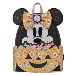 Dulce Halloween todo el año: la Pumpkin Minnie de Disney × Loungefly combina el negro con tonos pastel y un bolsillo frontal en forma de calabaza repleto de caramelos, rematado por el lazo estampado de Minnie