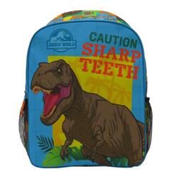 Aventura jurásica a la espalda. Esta mochila de Jurassic World luce un T-Rex con el aviso “Caution: Sharp Teeth” sobre un fondo tropical que destaca a metros. Con un formato práctico de 31 × 12 × 41 cm