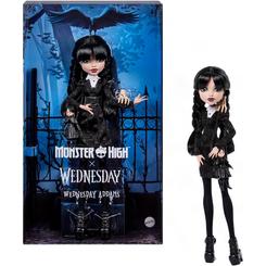 Muñeca de Miércoles Addams de Monster High x Wednesday con Thing, bolso inspirado en la serie y soporte para exposición. Recomendada para mayores de 6 años.