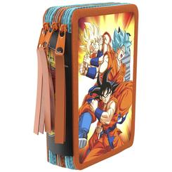 Poder Saiyan para empezar el curso con todo. Este plumier triple de Dragon Ball mide 12 × 6 × 20 cm y organiza el material en 3 pisos con gomas elásticas y tiradores de cinta para abrir y cerrar rápido.
