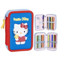 Orden kawaii para el cole. El plumier doble de Hello Kitty reúne color y practicidad en un formato compacto de 12,5 × 19,5 × 4,5 cm. Con dos pisos y cremallera perimetral, todo queda bien sujeto gracias a las gomas elásticas. 