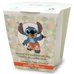 Recambio vela perfumada Disney Stitch Hawaii180g con un aroma Mango y Coco de 50 a 60 horas de combustión Este recambio viene en un recipiente de plástico 60% reciclado y 100% reciclable