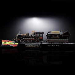 Eleva tu viaje temporal con la imponente figura Chogokin Time Train de Back to the Future, una recreación de 52 cm que ilumina tu espacio con 56 LEDs y reproduce el potente rugido de la locomotora