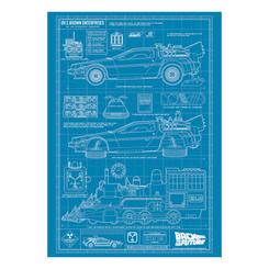 Los hitos de la saga cobran vida sobre un lienzo técnico con esta lámina de edición limitada que revela los planos de la DeLorean original de Regreso al Futuro, su versión voladora de la Parte II 