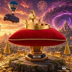 Réplica oficial Victory Crown de Fortnite a escala 1:1, fabricada por Toy Sapiens. Incluye cojín de terciopelo, soporte personalizado y tarjeta con código de contenido para el atuendo Deadeye.