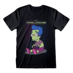 Desata tu nostalgia noventera con la camiseta oficial de Los Simpson: Thrillhouse. Esta prenda de alta calidad es un homenaje a la icónica y humorística subtrama de la serie, que hará las delicias de cualquier seguidor de Milhouse.
