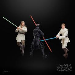 ¡Revive el emocionante enfrentamiento en Naboo con el pack de 3 Figuras Qui-Gon Jinn, Darth Maul y Obi-Wan Kenobi de Star Wars Episode I! Estas impresionantes figuras de la serie Black