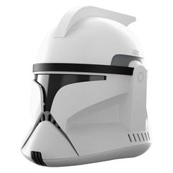El frontal blanco impone silencio antes de revelar su lado más cinematográfico. El casco electrónico Star Wars Black Series Clone Trooper Fase I reproduce a escala 1:1 una de las siluetas militares más reconocibles del Episodio II
