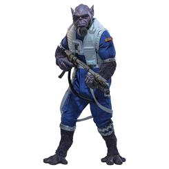 Un Lasat de 33 cm no pasa desapercibido cuando la figura Zeb Orrelios Star Wars escala 1/6 ocupa el centro de una vitrina. Su gesto severo, el pelaje oscuro en brazos y piernas y el contraste del mono azul con el chaleco blanco 