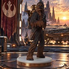 Estatua Premium Format de Chewbacca y C-3PO de Star Wars a escala 1/4, con 62,6 cm de altura. Incluye bláster E-11, red de tela para C-3PO e iluminación en los ojos del droide.