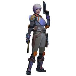 El color de su armadura corta la escena antes de que aparezca el sable. Esta figura Sabine Wren Star Wars 1/6 lleva a 28,5 cm una de las presencias más reconocibles de la tripulación rebelde, con una mezcla muy medida de actitud mandaloriana