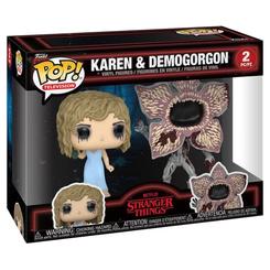 Pack de 2 figuras de vinilo Funko POP! Television de Stranger Things con Karen y el Demogorgon. La caja con ventana frontal muestra ambas figuras juntas y claramente identificadas.