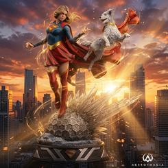 La estatua Supergirl 1/10 Iron Studios no se limita a posar a Kara Zor-El sobre una base, la muestra en pleno impulso, con la capa abierta y Krypto acompañando la escena como una extensión de su energía. 
