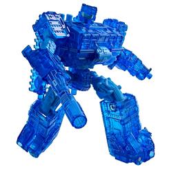 Una masa de energía azul parece condensarse hasta adoptar una imponente forma mecánica. La figura Cybertread Age of the Primes Transformers traslada ese efecto visual a una pieza transformable con aspecto translúcido