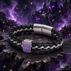 Pulsera Decepticons de Transformers con licencia oficial de Hasbro, cuero sintético trenzado y aleación de metal plateada. Tiene unos 19 cm de circunferencia e incorpora el emblema morado de los Decepticons.