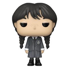 Figura de Wednesday realizada en vinilo perteneciente a la línea Pop! de Funko. La figura tiene una altura aproximada de 10 cm., y está basada en la serie de Wednesday. 