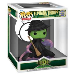Figura Funko POP Deluxe de Elphaba Thropp de Wicked, fabricada en vinilo y numerada como 2173. Representa al personaje con piel verde, sombrero negro, escoba y una base de tonos morados y rosados.