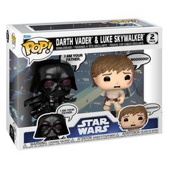 Blister con 2 figuras POP de Star Wars que incluye a Darth Vader y Luke Skywalker, ambas de vinilo y 9 cm de altura, presentadas en caja regalo con bases con el logo de la saga.