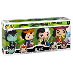Blister con 4 figuras POP Disney Villanas que incluye a Maléfica, Reina Malvada, Cruella de Vil y Capitán Garfio. Figuras de vinilo con diseño característico de cada villano en un set compacto para coleccionistas.