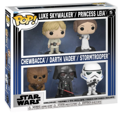 Blister con 5 figuras POP de Star Wars que incluye a Luke Skywalker, Princess Leia, Chewbacca, Darth Vader y Stormtrooper en formato bobblehead. Presentadas en embalaje visible para coleccionistas.