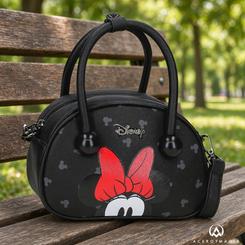 Bolso Bowlogue Minnie Disney de 19x13x8 cm fabricado en PU con diseño semicircular y lazo rojo característico de Minnie sobre fondo negro con detalles de Mickey.