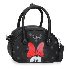 Bolso Bowlogue Minnie Disney de 19x13x8 cm fabricado en PU con diseño semicircular y lazo rojo característico de Minnie sobre fondo negro con detalles de Mickey.