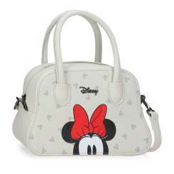 Bolso Bowlogue Minnie Disney de tamaño compacto 22,5x14,5x9,8 cm fabricado en PU con diseño frontal de Minnie Mouse y su lazo rojo sobre fondo blanco con motivos de Mickey.