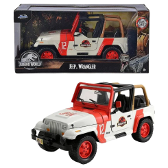 Coche Jeep Wrangler Jurassic Park a escala 1/24 con ruedas de goma y apertura de puertas y capó. Mide 25x11,81x11,81 cm y está fabricado en metal con detalles fieles al vehículo original.