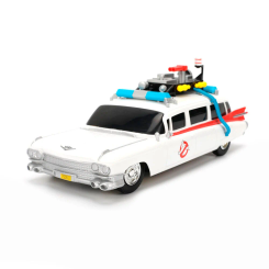 Coche radio control Ecto Cazafantasmas a escala 1:16 con función turbo y velocidad de hasta 9 km/h. Funciona a 2,4 GHz con 2 canales para carreras sin interferencias, ideal para niños desde 6 años y fans de la saga.