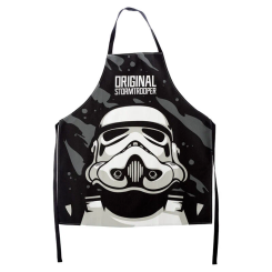 Delantal Stormtrooper Star Wars con diseño del casco icónico en negro y blanco, ajustable para uso en cocina o manualidades, ideal para fans de la saga.