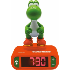 Despertador digital con luz nocturna de Yoshi de Super Mario Bros, con 6 tonos de llamada, volumen ajustable y función de repetición. Funciona con 3 pilas AA y permite atenuar o apagar la pantalla LCD para un sueño sin molestias.