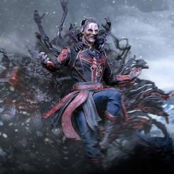 Envuelto por una capa formada por una niebla oscura de criaturas siniestras, que presenta múltiples brazos decrépitos y esqueléticos, aparece la macabra figura zombi del héroe hechicero