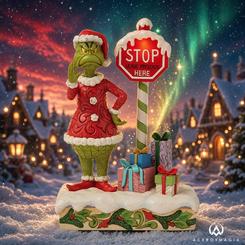 Figura Grinch con señal de stop de 23,5 cm, decorada con motivos de arte popular y acompañada de un cartel de stop y regalos. Representa al personaje navideño con expresión seria y vestuario de Papá Noel.