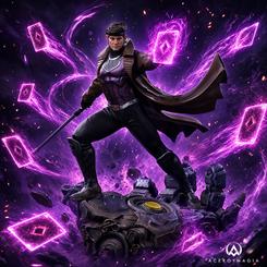 La Estatua Gambit Avengers: Doomsday BDS Art Scale 1/10 captura a Remy LeBeau en una postura de combate abierta, con el bastón preparado y una descarga de energía púrpura concentrada en la otra mano.