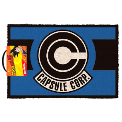 Felpudo Capsule Corp Dragon Ball Z de 40x60 cm con el logo central sobre fondo azul y negro, ideal para decorar la entrada con un toque de la serie Dragon Ball Z.