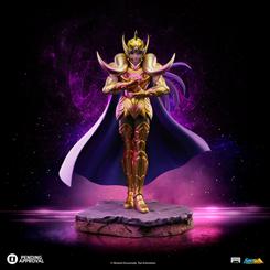 Figura Aries Mu de Saint Seiya a escala 1/10 en resina pintada a mano. Representa al Gold Saint de Aries con su armadura dorada y base inspirada en el Templo de Aries para exposición.
