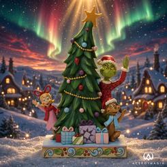 Figura Grinch Cindy Max asomándose desde árbol LED con luces reales, mide 26,5 cm de alto y 18 cm de ancho. Representa a los personajes saludando tras un árbol decorado con bolas y estrella, ideal para decoración navideña.