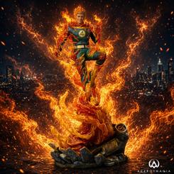Figura Human Torch (Blue Suit Variant) de Fantastic Four a escala 1/10 con llamas y traje azul. Destaca por su base de escombros y acabado pintado a mano que refleja la energía del personaje.