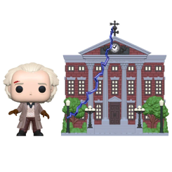 Figura POP Back To The Future que incluye a Doc Brown y la torre del reloj con el rayo. Pieza coleccionable que representa una escena clave de la saga Regreso al Futuro.