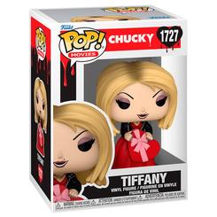 Figura POP Chucky Tiffany de vinilo con 9 cm de altura, vestida con su característico vestido rojo y chaqueta negra, sosteniendo una caja de regalo en forma de corazón.