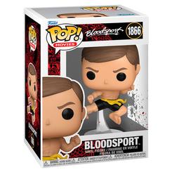 Figura POP Contacto Sangriento Van Damme de 9 cm en vinilo con pose de salto y patada, presentada en caja regalo y basada en la película Bloodsport.