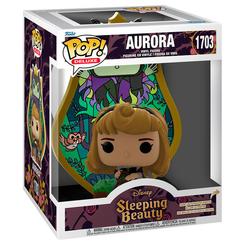 Figura POP Deluxe Disney La Bella Durmiente Aurora Maleficent Stained Glass con fondo vitral decorativo que integra a Aurora y Maléfica en una composición vertical única.