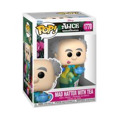 Figura POP Disney Alice In Wonderland Mad Hatter With Tea en vinilo con base decorativa y accesorios de té. Representa al Sombrerero Loco de Alicia en el País de las Maravillas en estilo característico POP.