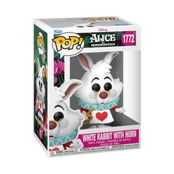 Figura POP Disney White Rabbit con trompeta en vinilo, presentada en caja regalo. Representa al Conejo Blanco de Alicia en el País de las Maravillas con su chaleco y trompeta características.